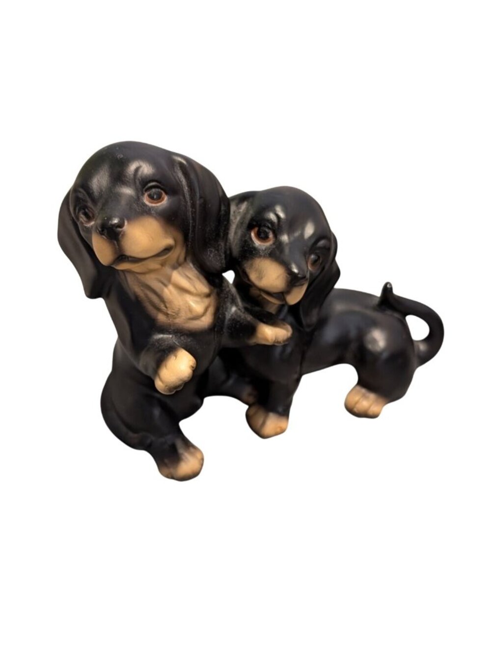 Vintage Hand-Painted Dachshund Puppies Figurine Black Tan Ceramic 4.25" Tall